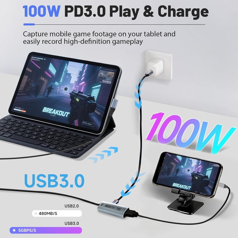 Guermok 4K USB3.0 HDMI Capture Card for Streaming, PD100W, 90° USBC, 3.3ft 4K@60FPS 1080P@240FPS HDMI to USB A/C Video Capture Devices for Pad/Tablet/MacOS /Switch2/1/ Camera/PC/Laptop - Image 4